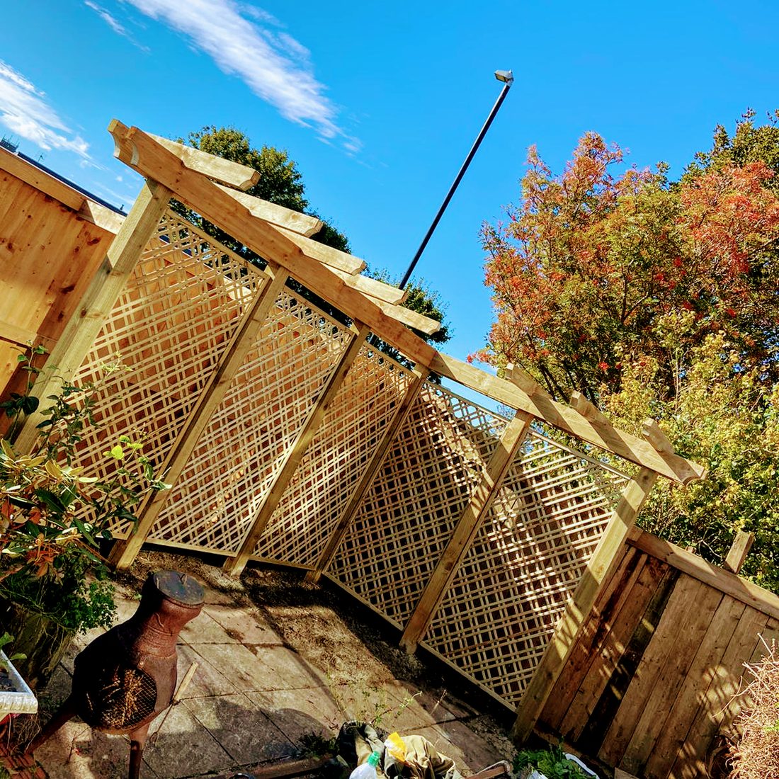 A trellis-panelled fence and pergola corner in autumn sunlight